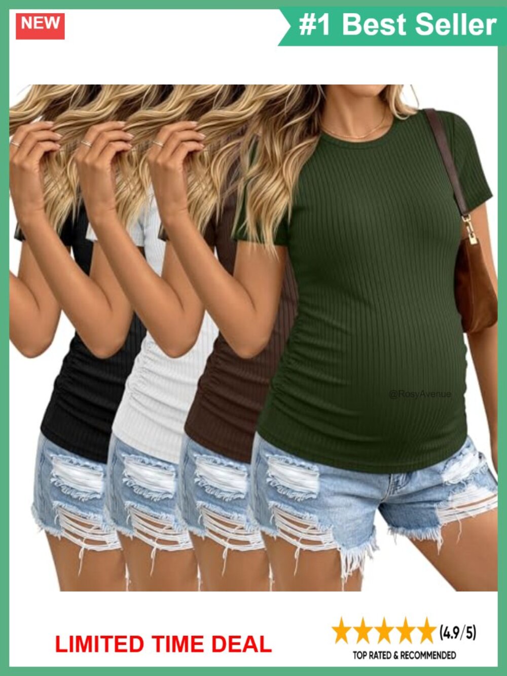 4 Pack Maternity Cotton Ribbed T-Shirts Crew Neck Short Sleeve